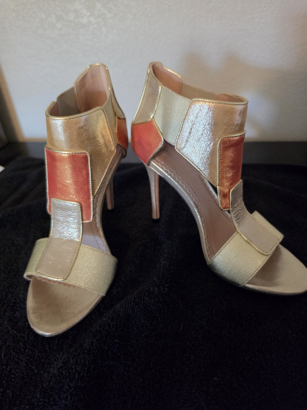 Jean-Michel Cazabat Metallic Gold & Coral Leather Sandals High Heel, Size 7